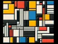 Composition abstraite de style De Stijl, avec des rectangles et carrés aux couleurs primaires, blanc et noir, créant un jeu d'ombres et de lumières.