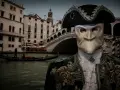 Un uomo mascherato, forse un Casanova a Venezia, con gondola e ponte sullo sfondo.