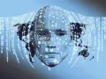 Rostro humano digital con mapa mundial y código binario. Explora qué es la IA y cómo funciona.