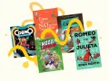 Libros con diversos temas: un astronauta en el espacio, un misterio en una mansión, fútbol, y una versión interactiva de Romeo y Julieta.