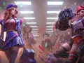 Postacie z League of Legends w szkolnych strojach, w tle korytarz szkolny.