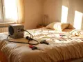 Ein Intex Luftbett mit integrierter Pumpe verliert Luft. Kabel und Werkzeuge liegen auf dem Bett.