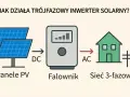Schemat pokazuje, jak działa falownik trójfazowy: panele PV generują prąd stały (DC), który falownik zamienia na prąd zmienny (AC) dla sieci 3-fazowej.