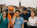 Pięcioro zmartwionych ludzi w strojach zawodowych: budowlaniec, pielęgniarka, pracownik gastronomii i dwie inne osoby, szukają pracy.