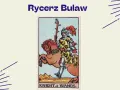 Rycerz Buław na karcie tarota, w zbroi, galopuje na koniu, niosąc buławę.