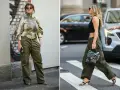 Dwie kobiety prezentują modne kolor khaki stylizacje. Jedna w kurtce z wzorem i bojówkach, druga w krótkim topie i luźnych spodniach.