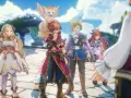 Un grupo de aventureros, con visiones de mana, se reúne bajo un cielo azul. Una chica rubia con vestido blanco, un chico con capa roja, otro con orejas de gato y una chica pelirroja.
