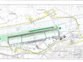 Mapa lotniska Warszawa Zachodnia Modlin z drogami startowymi, pasami drogowymi i infrastrukturą.