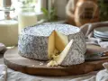 Un fromage à pâte pressée non cuite, à la croûte grise et blanche, est coupé sur une planche en bois. Le Pouligny Saint-Pierre est prêt à être dégusté.