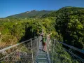 Uomo felice sul laviano ponte tibetano, con montagne verdi e cielo azzurro sullo sfondo.