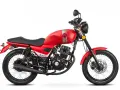 Czerwony motocykl Barton Cafe Racer 125 z klasycznymi szarymi pasami na baku i numerem 09.