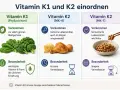 Vergleich von Vitamin K1 in grünem Gemüse und Vitamin K2 in tierischen Produkten und Natto. K1 ist die Hauptform in der Ernährung.