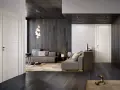 Interni moderni con infissi marroni e porte bianche. Un salotto accogliente con divani grigi, tappeto beige e un'elegante lampada a sospensione.