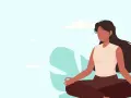 Frau in Lotussitz, Hände im Gyan Mudra. Meditation gegen Angst, um inneren Frieden zu finden. Sanfter Himmel mit Wolken.