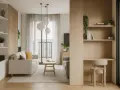 Soggiorno accogliente con divani chiari, tavolino in legno e mensole a vista. Un ambiente in stile minimal, con un tocco di calore dato dal legno.