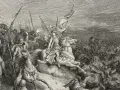 A winged figure on horseback, possibly representing the angel of death in the Bible, leads a chaotic battle with fallen soldiers.