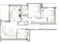 Progetto casa 120 mq un piano: pianta con soggiorno, cucina, sala da pranzo, due camere da letto, bagno e lavanderia.