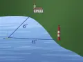 Segelboot mit Kirche und Leuchtturm. Winkelmessung zur Navigation, wie bei der Ankerlicht Vorschrift.