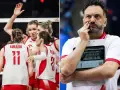 Siatkarki w biało-czerwonych strojach świętują, a trener analizuje grę na tablecie. Reprezentacja kobiet w siatkówce w akcji.