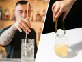 Barman miesza drink z kruszonym lodem, a obok ręka dodaje do drinka kulę lodu.