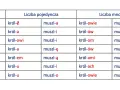Tabela pokazuje odmiana przez przypadki słów "król" i "muszla" w liczbie pojedynczej i mnogiej.