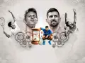 Novak Djokovic, con su mirada intensa, rodeado de engranajes y un reloj de arena, evoca la pregunta: ¿cuántos Roland Garros tiene Djokovic?