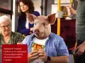 Gruba świnia z kanapką w ręku siedzi w autobusie obok starszej pani. Komunikat przypomina, że transport publiczny to nie restauracja.