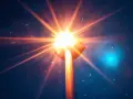 Un lampione illumina la notte stellata con un abbaglio di luce arancione intenso.