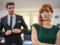 Donna con sguardo preoccupato, mentre un collega in primo piano si sistema la giacca, come se volesse metterla in cattiva luce.