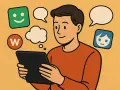 Chłopak z tabletem szuka informacji, skąd pobierać komiksy po polsku. Widoczne ikony aplikacji i dymki myśli.