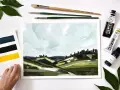 Peinture de paysage abstrait, avec des collines vertes et un ciel bleu pâle. Des tubes de peinture et des pinceaux sont disposés autour, suggérant le début d'une œuvre, où l'on peut commencer par le clair ou le foncé.