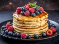 En hög med fluffiga pannkakor, toppad med färska bär och sirap. Perfekt för en mysig frukost, inspirerad av ett enkelt pannkakssmet recept.