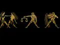 Złote symbole zodiaku: Bliźnięta, Waga (jaki żywioł powietrza), Wodnik na czarnym tle.