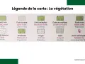 Légende de la carte : La végétation. Le **signification** des symboles pour forêts, landes, peupleraies, vergers, vignes et arbres remarquables.
