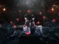 Dos chicas sentadas en una cueva oscura, rodeadas de mariposas rojas brillantes. Una escena evocadora del **Fatal Frame 2 remake**.