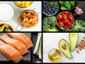 En bild med livsmedel som kan ingå i en antiinflammatorisk kost: lax, bär, grönsaker, avokado, olivolja och fermenterad mat.