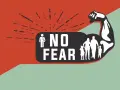Grafika z napisem "NO FEAR" i sylwetkami rodziny w zgiętym bicepsie.