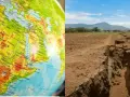 Mapa świata z zaznaczonym **Rów Afrykański** i jego krajobrazem.