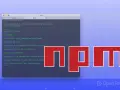 npm-Skripte im Terminal, die mit `npm ci` oder `npm run` ausgeführt werden. Das npm-Logo ist prominent platziert.