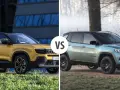 Dwa jeep suv: żółty Avenger na tle budynku i błękitny Compass na tle zimowego krajobrazu.