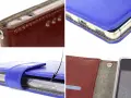 Eleganckie etui na telefon LG K51S z klapką, wykonane z brązowej i niebieskiej skóry ekologicznej.