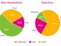 Porównanie diety standardowej (55% węglowodanów) i keto (70% tłuszczu). Czy dieta keto jest zdrowa? Wykresy pokazują różnice w proporcjach makroskładników.