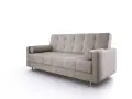 Beżowa sofa z pikowanymi poduchami i wałkami, gotowa do rozłożenia. Mechanizm rozkładania sofy jest intuicyjny.