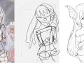 Tre steg för att rita en anime-karaktär med horn. Skiss, skelett och färdig teckning. Bra bilder att rita för övning.