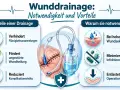 Medizinische Wunddrainage: Vorteile wie Verhinderung von Flüssigkeitsansammlungen, Förderung der Heilung und Reduzierung von Komplikationen. Sie ist bei hohem Wundsekret, zur Minimierung von Infektionen und zur Entlastung des Operationsgebiets notwendig.