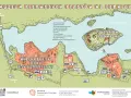 Mapa Muzeum Pierwszych Piastów na Ostrowie Lednickim. Widoczne jezioro, grodzisko, skansen i ścieżki.