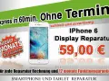 Ein weißes iPhone mit gesprungenem Display, daneben ein Angebot für iPhone 6 Display Reparatur für 59€.