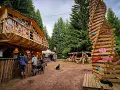 Drewniany domek na drzewie i spiralna rzeźba z desek na festiwalu Grasz Bór. Ludzie spacerują, psy odpoczywają.