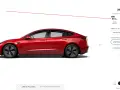 Czerwony Tesla Model 3 z informacjami o zasięgu, prędkości i cenie.