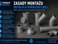 Szare **piony** i kształtki kanalizacyjne, obok zasad montażu instalacji.
